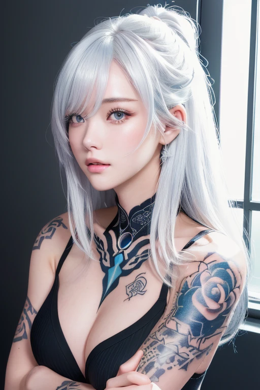 Anime Style、White skin、White Hair、Upward-facing eyes、Large and conspicuous、dark、female、高周波のdetailed (((Sharpness))))、((sharp focus: 1.2)face_V1:0.7)hand、Well drawn legs、Expose breasts、(Work - Work - Masterpiece: 1、2)、High resolution、オリジナルのHigh resolutionの最高の壁紙。 detailed: Tattoo Artist、Tattoo Artistに扮した、Arm full of tattoos、tattoo on arm、Tattooed arm、Tattooed arm、Tattooed chest、Tattooed neck、Tank topを着ている、Tank top