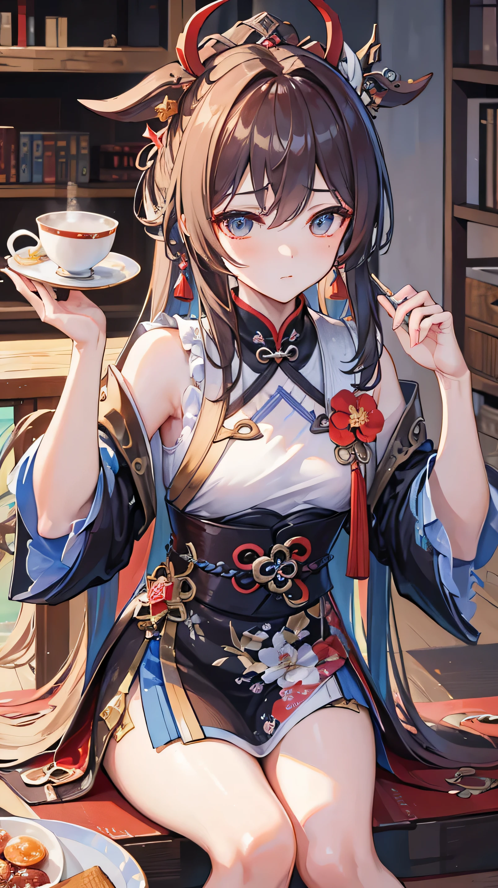 ((best quality)), ((masterpiece)), (detailed), Zhongli from genshin impact sipping a tea, dramatic