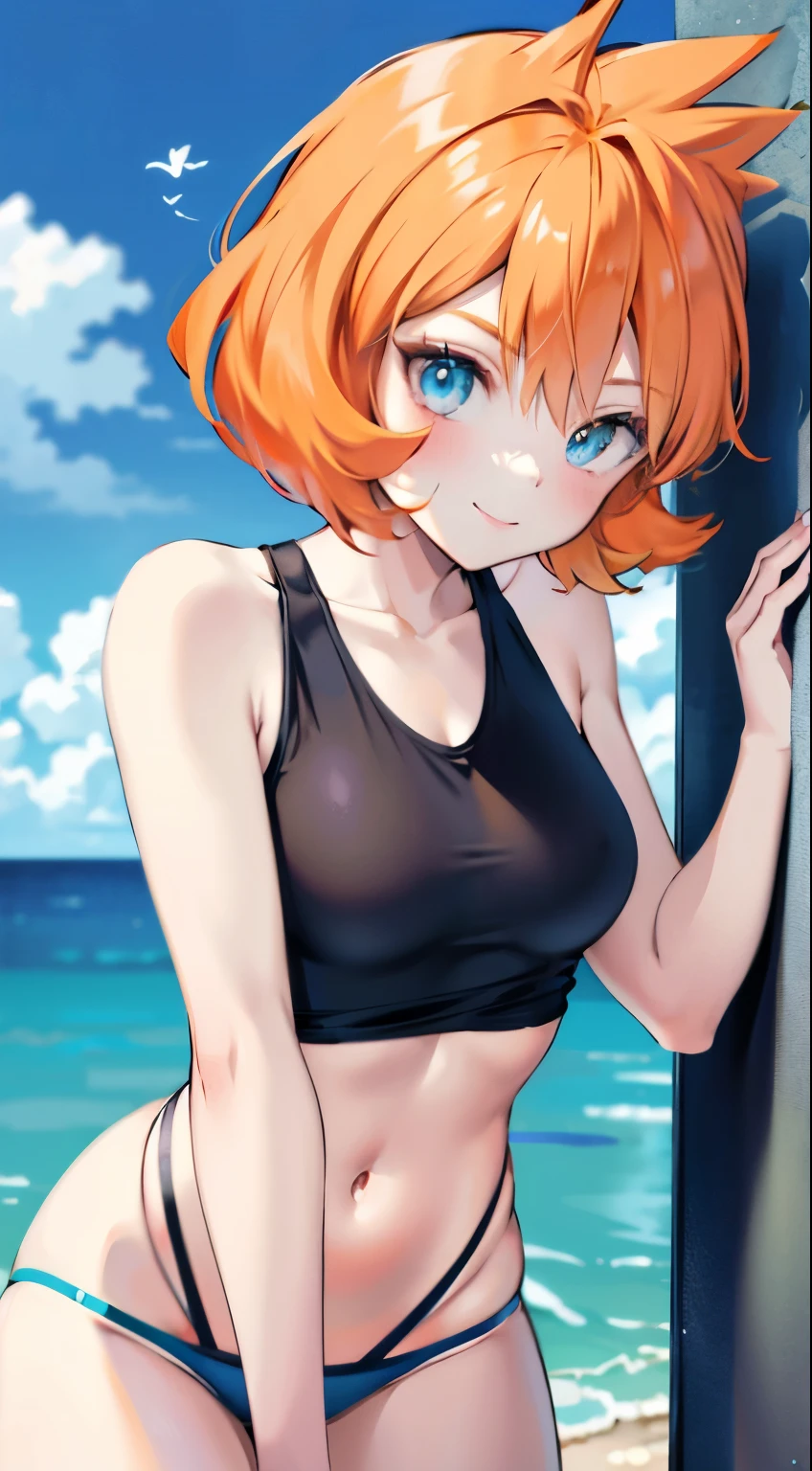 Orange Hair，Blue Eyes，side ponytail，short hair，red sling bikini，Large Breasts，blush，Small↓（Pokémon）Smile，