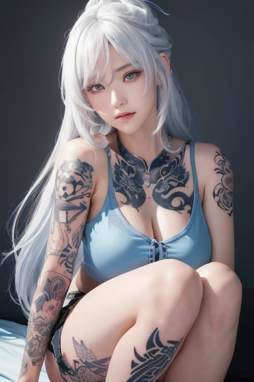 Anime Style、White skin、White Hair、Upward-facing eyes、Large and conspicuous、dark、female、高周波のdetailed (((Sharpness))))、((sharp focus: 1.2)face_V1:0.7)hand、Well drawn legs、Expose breasts、(Work - Work - Masterpiece: 1、2)、High resolution、オリジナルのHigh resolutionの最高の壁紙。 detailed: Tattoo Artist、Tattoo Artistに扮した、Arm full of tattoos、tattoo on arm、Tattooed arm、Tattooed arm、Tattooed chest、Tattooed neck、Tank topを着ている、Tank top