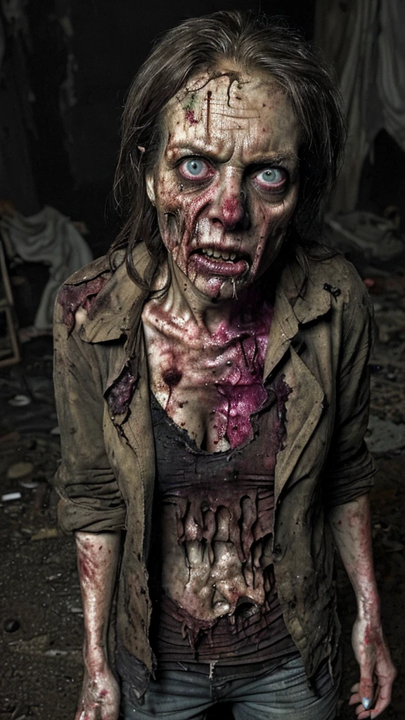 (best quality,hyper-realistic:1.2),zombie woman,full body image,decaying body,clothes dirty and torn,horrifying expression,rotting flesh,deep wrinkles,intense and dramatic lighting,earth tones