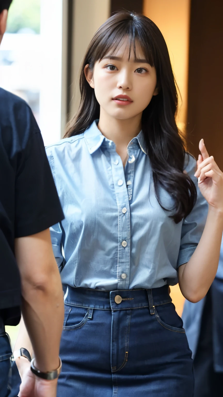 (high quality), (Realistic photos)、1 male、1 female、No audience、((Young Japanese couple facing each other and arguing:1.4))、((An angry Japanese woman and a Japanese man trying to talk to her:1.4)) 、((whiteい半袖Twoman wearing a shirt:1.4))、((whiteTMan in shirt:1.4))、on the road、Daytime、((A woman glares at a man:1.7))、((A woman wearing a denim skirt that accentuates her thighs:1.4))、((whiteい半袖Twoman wearing a shirt:1.4))、