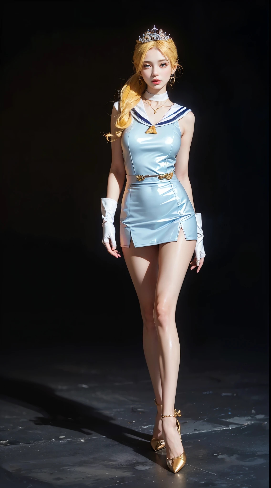 ((masterpiece:1.4)、(highest quality:1.4)、(Realistic:1.7))、Masterpiece:1.4、(Top-notch rendering:1.4)、beautiful girl、(beautiful girl戦士セーラームーン:1.4)、moon野うさぎ、Body fit sexy sailor warrior uniform、(Shiny latex:1.4)、(The jacket is a white sleeveless sailor uniform....)、(Skirt Blue Sexy Ultra Ultra Pleated Mini Skirt)、There are two thin blue lines on the collar of the sailor uniform................、high leg swimwear、red cloth decoration on chest、(wearing white gloves)、Cute Girl、Super Beauty、Sharp Focus、Portrait Photography:1.4、8k、realistic photo images:1.4、(Perfect female body:1.4)、Perfect proportions、(Full body photography:1.4)、Beautiful Face、Beautiful Eyes、Narrow waist:1.4、(9 life size beautiful style girl:1.4)、(足が長くスタイルの良いbeautiful girl:1.4)、Beautiful feet、(yellow hair:1.4)、(Long Hair:1.2)、(ponytail:1.2)、Beautiful breasts、big breasts:1.2、sexy butt、Raw photo、Red lips、Red high heels:1.4、choker:1.4、necklace:1.4、Earrings:1.4、luxurious golden tiara:1.4、1 Screen Display、moon、universe、universe船、universeステーション、city of the future
