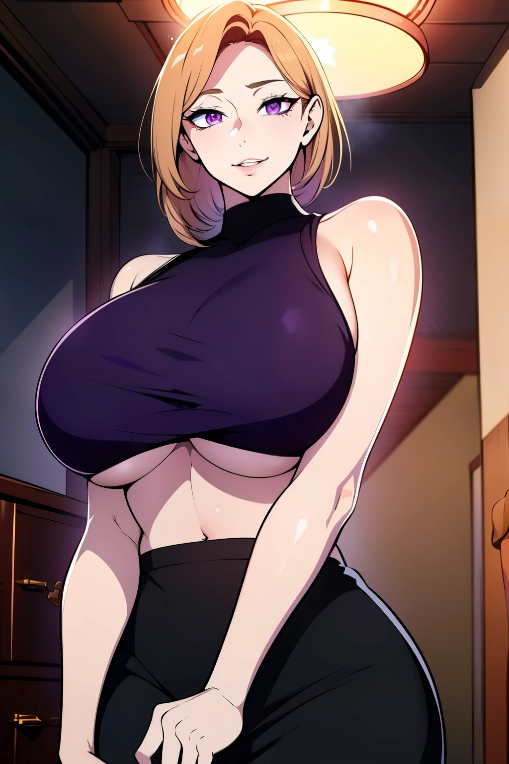 An anime-style artwork depicting ruan mei from the game Honkai star rail.

Tags: ruan mei, anime, detailed eyes, detailed lips, black crop top, black turtleneck, black pencil skirt, smiling expression, intense gaze, glowing emblem on hand, dynamic pose, indoor, luxury palace, vibrant colors, digital art, high-resolution, professional quality, gigantic breasts, (underboob : 1.4), curvy, cowboy shot, (gigantic breasts: 1.4), (violet eyes: 1.4), (light copper blonde hair: 1.4), short hair