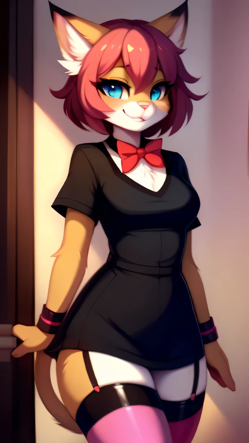 Nervous smiling, uploaded the e621, beautiful and detailed, woman (((female))) ((anthro)) Cat, (Cat girl), by waspsalad, by phluks, by zero-sum, cinematic lighting, Cat, (anthro, fluffy fur, character focus:1.1), 1girl, anthro cat girl, body fur, curvy, sexy, nice, cute, hot, comfortable anime-style cartoon-style, digital drawing, (half-closed eyes), blue eyes, black t-short, latex stockings (pink stockings), bowtie wristband, bowtie