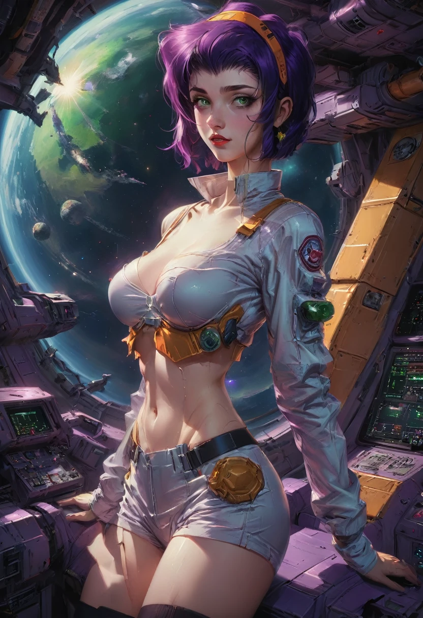 girl, Faye Valentine, Cowboy Bebop, bob cut, solo, green eyes, purple hair, hairband, Space suit, space station, weightless suspension, 1980s (style), best quality, masterpiece, very aesthetic, perfect composition, intricate details, ultra-detailed