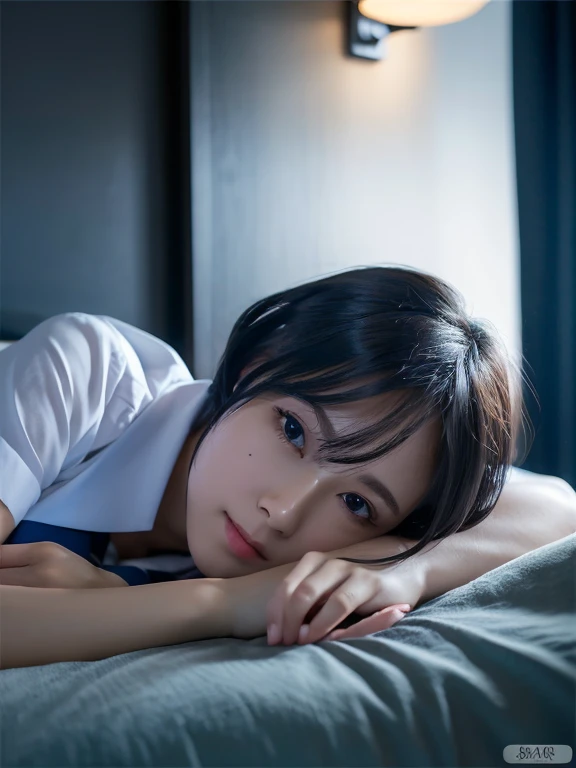 (In 8K、Raw photo, highest quality,  High resolution:1.2)、(Realistic、Photorealistic:1.5)、1. Female、((30 years old))、Japanese, alone, Beautiful woman lying in bed and sleeping, ((return)), ((return camera)), ((School uniform)), ((Fewer moles)), ((short hair)),  ((Wavy Hair)),  Detailed body, Cute and very detailed,  ((Night room)), ((dark light)), Dim lighting,  (shades of blue),  (cool lighting)