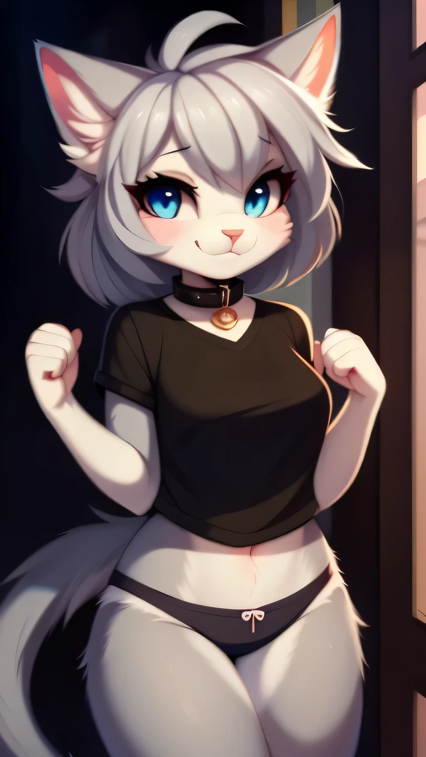 Nervous smiling, uploaded the e621, beautiful and detailed, woman (((female))) ((anthro)) Cat, (Cat girl), by waspsalad, by phluks, by zero-sum, cinematic lighting, Cat, (anthro, fluffy fur, character focus:1.1), 1girl, anthro cat girl, body fur, gray fur, gray body, gray hair, curvy, sexy, nice, cute, hot, comfortable anime-style cartoon-style, digital drawing, (half-closed eyes), blue eyes, black t-short, panties, collar