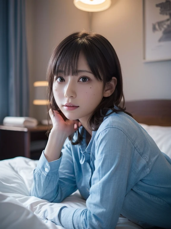 (In 8K、Raw photo, highest quality,  High resolution:1.2)、(Realistic、Photorealistic:1.5)、1. Female、((30 years old))、Japanese, alone, Beautiful woman lying in bed and sleeping, ((return)), ((return camera)), ((School uniform)), ((Fewer moles)), ((short hair)),  ((Wavy Hair)),  Detailed body, Cute and very detailed,  ((Night room)), ((dark light)), Dim lighting,  (shades of blue),  (cool lighting)