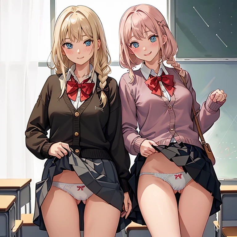 ((2 girls))、(smile:1.5)、Small breasts、(Cowboy Shot)、(fun!!)、(cardigan)、(Blonde)、(blush:1.4)、(single braid)、(Eye highlights:1.3)、blake black shoes,(黒いskirt)、bow, button, shirt with collar, Long sleeve, ((red bow tie, , Black jacket, Open jacket, 茶色のcardigan, white shirt, 黒のskirt, チェック柄のskirt、white socks)),, shirt,, skirt, socks, Thighs, white shirt, Rest indoors, ((classroom:1.5))、 BREAK while watching the audience、(skirtを掴む:1.0)、 (Perfect hands, Perfect Anatomy),Cowboy Shot、(skirt lift:1.3),(Highly detailed white panties:1.3)、(highly detailed panties:1.3)、、(skirt that rolls up:1.3)、(Full-fledged panties:1.5)、blue eyes