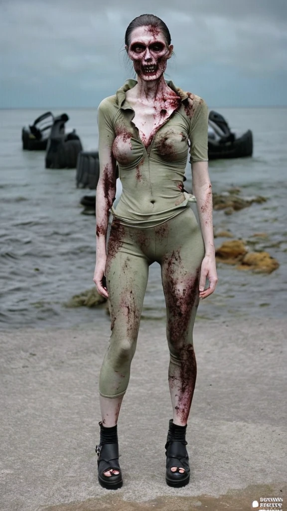 zombie woman, hiper realista, head to toe image, corpo necrosando, roupas sujas e rasgadas