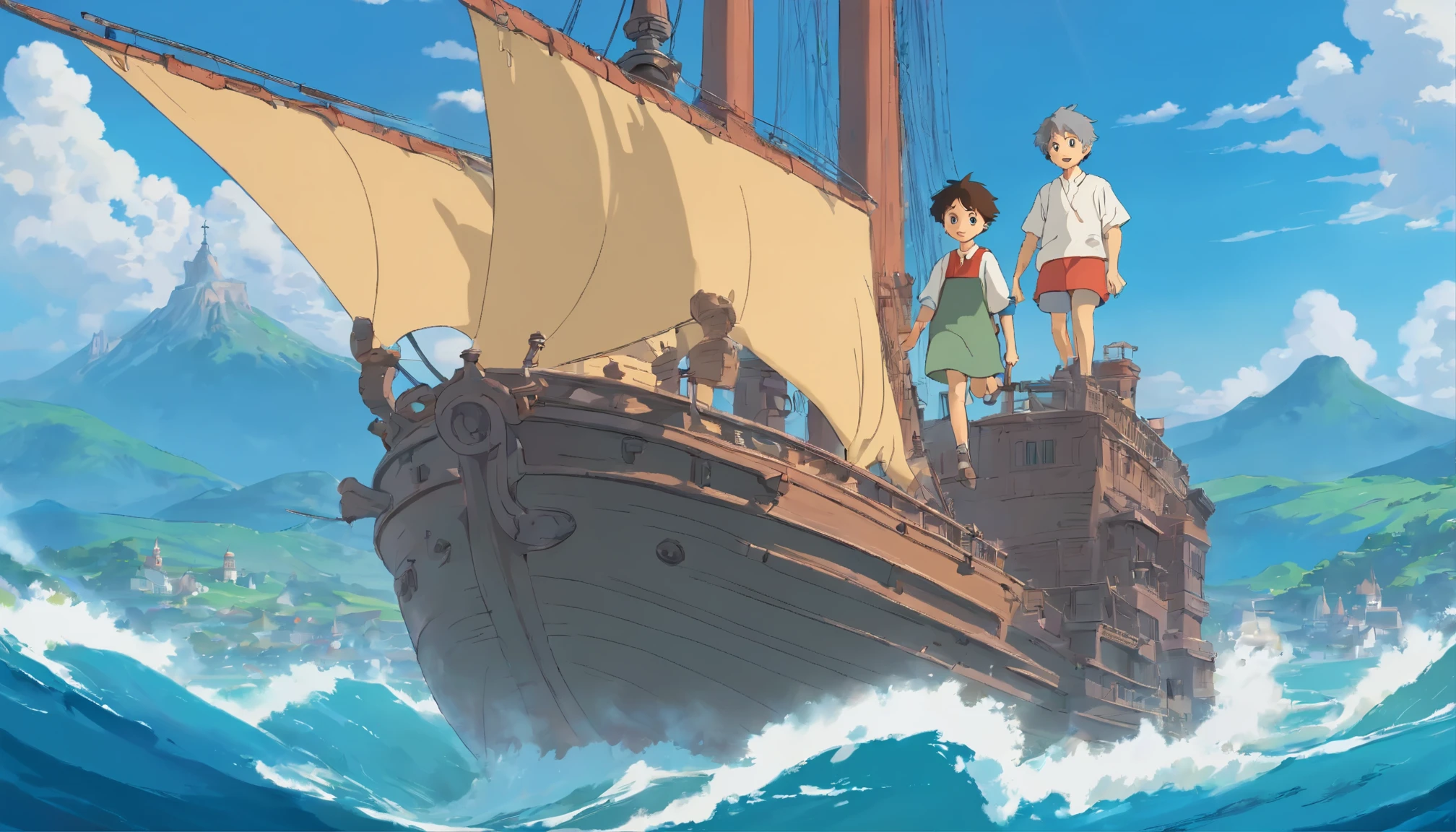 ((best quality)), ((masterpiece)), (detailed), perfect face movie picture quality,Hayao Miyazaki animation,Miyazaki animation style,Hayao Miyazaki animated film,A full body ,male boy with a wool capon his head , one lamb walking at his feet, behind him, a big church, mountains and a ship on the ocean.