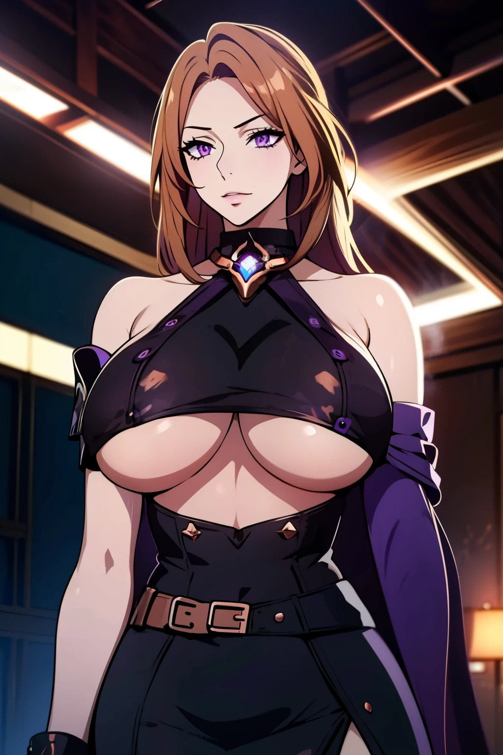 An anime-style artwork depicting acheron from the game Honkai star rail.

Tags: acheronhsr, anime, detailed eyes, detailed lips, black crop top, black turtleneck, black pencil skirt, bare shoulders, smiling expression, intense gaze, glowing emblem on hand, dynamic pose, mystical background, vibrant colors, digital art, high-resolution, professional quality, gigantic breasts, (underboob : 1.4), curvy, cowboy shot, (gigantic breasts: 1.4), (purple eyes: 1.4), (light copper blonde hair: 1.6), short hair