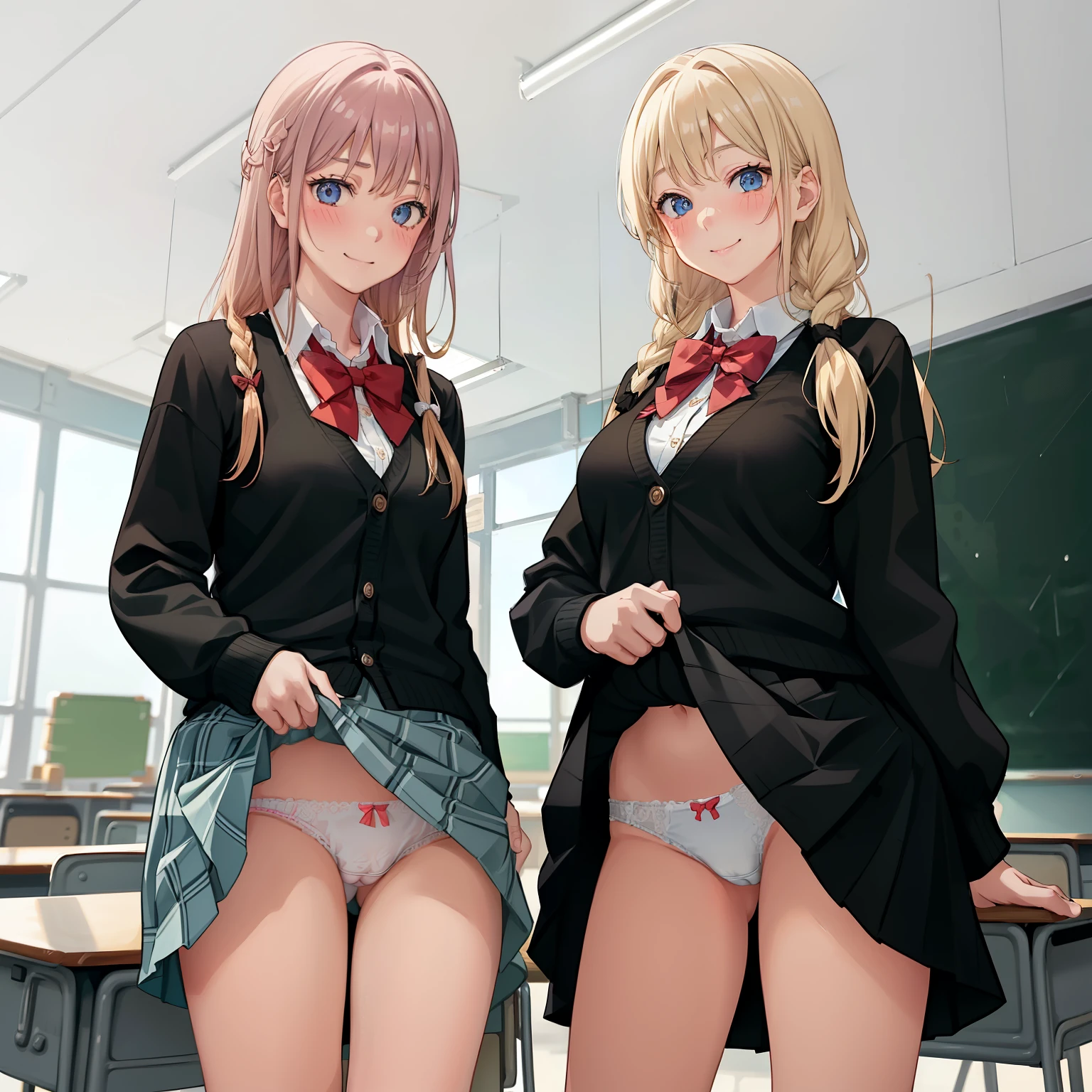 ((2 girls))、(smile:1.5)、Small breasts、（Cowboy Shot）、(fun!!)、(cardigan)、(Blonde)、(blush:1.4)、(single braid)、(Eye highlights:1.3)、blake black shoes,(黒いskirt)、bow, button, shirt with collar, Long sleeve,  ((red bow tie, , Black jacket, Open jacket, 茶色のcardigan, white shirt, 黒のskirt, チェック柄のskirt、white socks)),, shirt,, skirt, socks, Thighs, white shirt, Rest indoors, ((classroom:1.5))、 BREAK while watching the audience、(skirtを掴む:1.0)、 (Perfect hands, Perfect Anatomy),Cowboy Shot、(skirt lift:1.3),(Highly detailed white panties:1.3)、(highly detailed panties:1.3)、、(skirt that rolls up:1.3)、(Full-fledged panties:1.5)、blue eyes