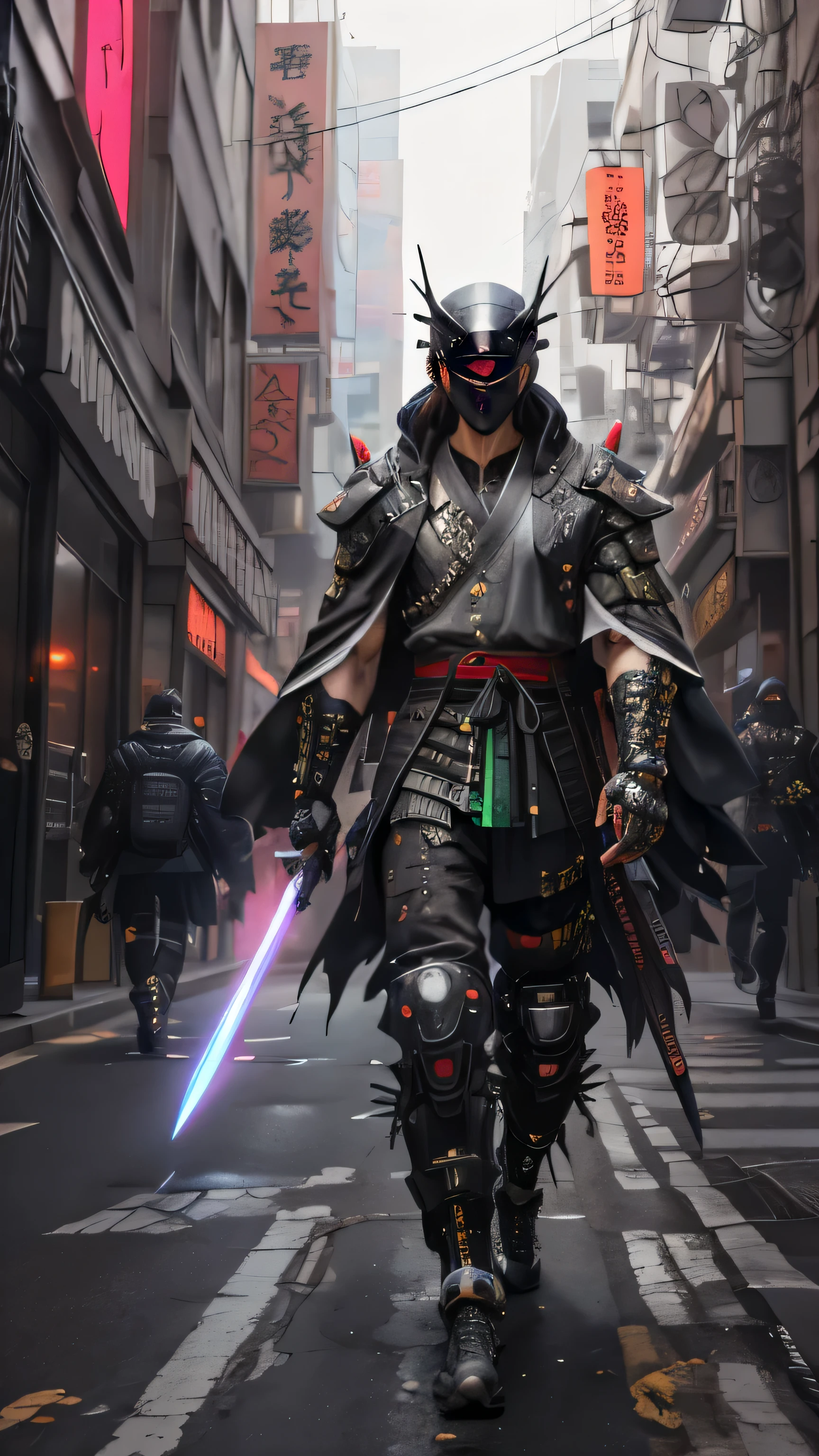 tiro de corpo inteiro，Havia uma mulher vestida de preto e verde，perfect appearance，Carregando uma mochila, cyberpunk face mask，Cyberpunk cabelo super longo，moda urbana ciberpunk, Traje Cyberpunk, capanga de rua cyberpunk, Capa longa de Cyberpunk，An extra-long cyberpunk mechanical tail is attached to the tail vertebrae，vestindo cyberpunk, cyberpunk tech clothes, estilo cyberpunk silenciado, tem estilo cyberpunk, estilo cyberpunk, wearing moda urbana ciberpunk, soldado ciberpunk, estilo cyberpunk hiper-realista, Design de personagens ciberpunk, todas as roupas cyberpunk pretas, Raven in cybernetic armor, roupas ciberpunk.Two shinobi ninjas with a blade walk on the street, very beautiful samurai ciberpunk, samurai ciberpunk, samurai de rua, assassino ciberpunk, urban samurai, assassino sinistro, neon samurai, epic ninja suit, cryptoblades, devil mask.samurai demon, all black Traje Cyberpunk, samurai jedi, cyberpunk hero, sociedade cg 9, Fantasia de Samurai Preto, Estilo cyberpunk surreal, ninja costume.cabelo branco. anda em.Caminhe na estrada.Walking on the street is cool.carregue a espada no ombro.****ta demon.terno vermelho.  Hold the katana blade.