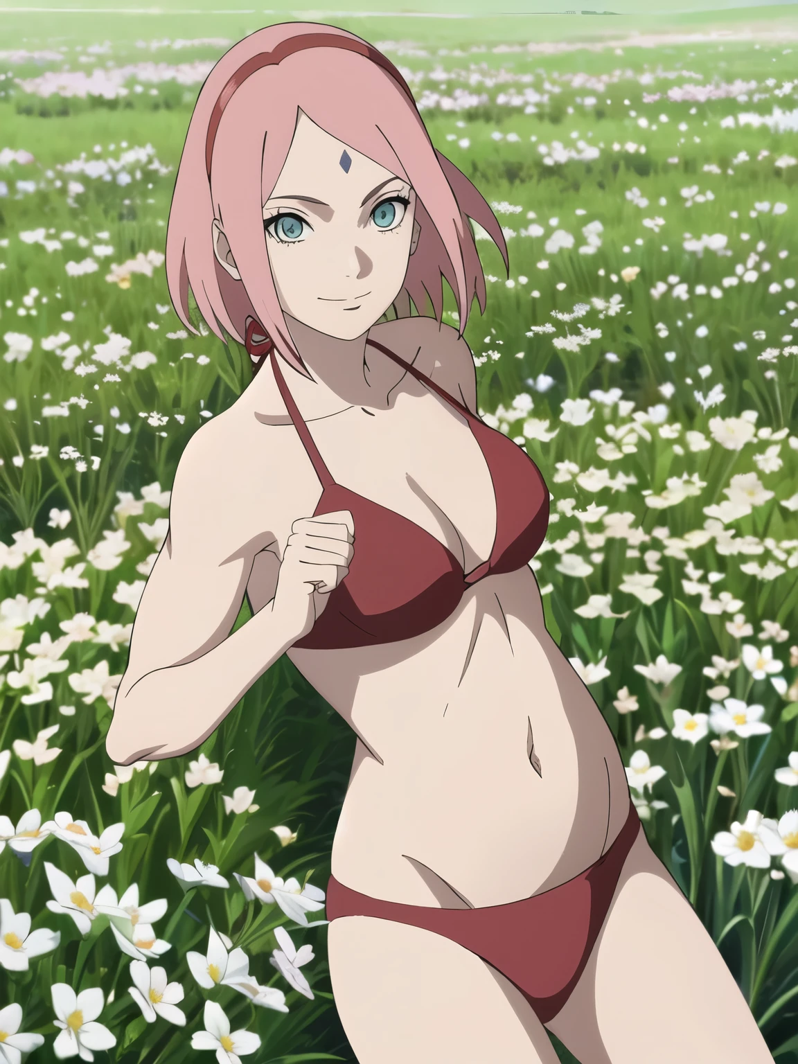 anime style, solo, 1 woman, super ultra details, bold drawing lines, very high resolution, perfect anatomy, ultra detailed face, high vibrance, (blue light), ((cold colors)), 1girl, haruno sakura, (tall, thin belly, off-shoulders, biceps, closed fists, pale skin, long belly, small breasts, forehead mark), ((red t-back bikini, red hair band)), looking at viewer, (flower field), floating hair, big smile, cowboy shot, (reddish pink hair, short hair), spring time, attractive colors
