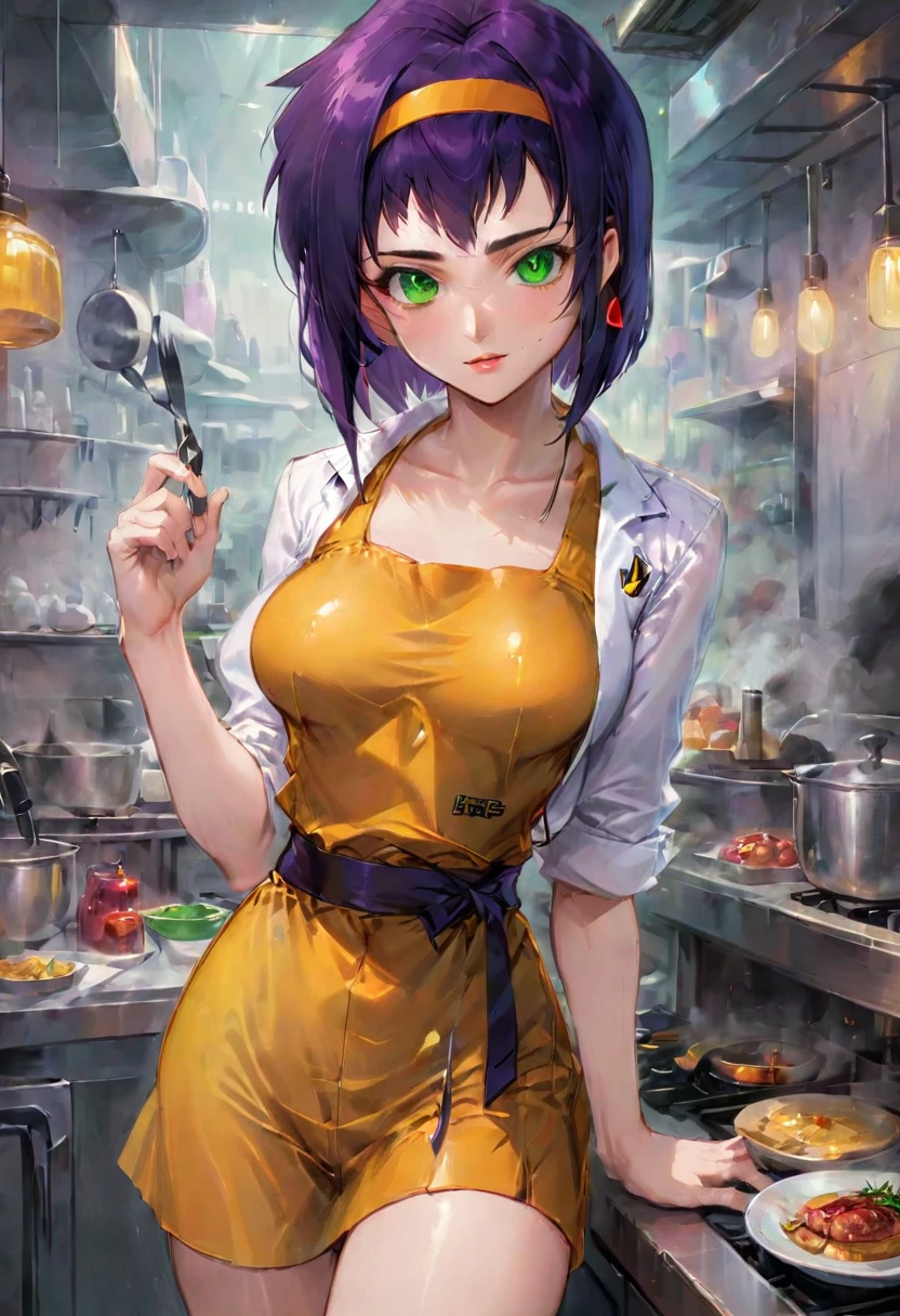 girl, Faye Valentine, Cowboy Bebop, bob cut, solo, green eyes, purple hair, hairband, restaurant, Chef Uniform, cooking, 1980s (style), best quality, masterpiece, very aesthetic, perfect composition, intricate details, ultra-detailed