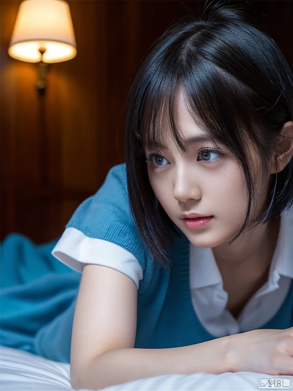 (In 8K、Raw photo, highest quality, High resolution:1.2)、(Realistic、Photorealistic:1.5)、1. Female、((30 years old))、Japanese, alone, Beautiful woman lying in bed and sleeping, ((return)), ((return camera)), ((School uniform)), ((Fewer moles)), ((short hair)), ((Wavy Hair)), Detailed body, Cute and very detailed, ((Night room)), ((dark light)), Dim lighting, (shades of blue), (cool lighting)