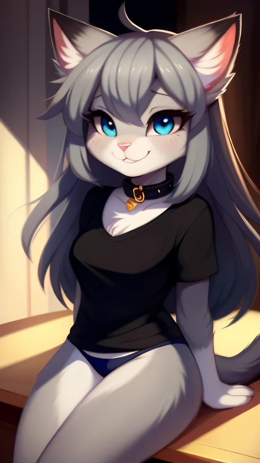 Nervous smiling, uploaded the e621, beautiful and detailed, woman (((female))) ((anthro)) Cat, (Cat girl), by waspsalad, by phluks, by zero-sum, cinematic lighting, Cat, (anthro, fluffy fur, character focus:1.1), 1girl, anthro cat girl, body fur, gray fur, gray body, gray hair, long hair, curvy, sexy, nice, cute, hot, comfortable anime-style cartoon-style, digital drawing, (half-closed eyes), blue eyes, black t-short, panties, collar