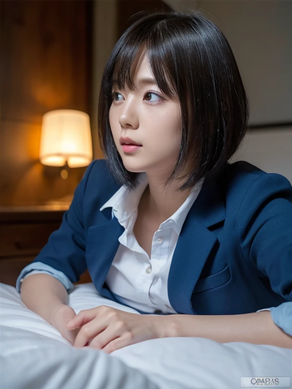 (In 8K、Raw photo, highest quality, High resolution:1.2)、(Realistic、Photorealistic:1.5)、1. Female、((30 years old))、Japanese, alone, Beautiful woman lying in bed and sleeping, ((return)), ((return camera)), ((School uniform)), ((Fewer moles)), ((short hair)), ((Wavy Hair)), Detailed body, Cute and very detailed, ((Night room)), ((dark light)), Dim lighting, (shades of blue), (cool lighting)