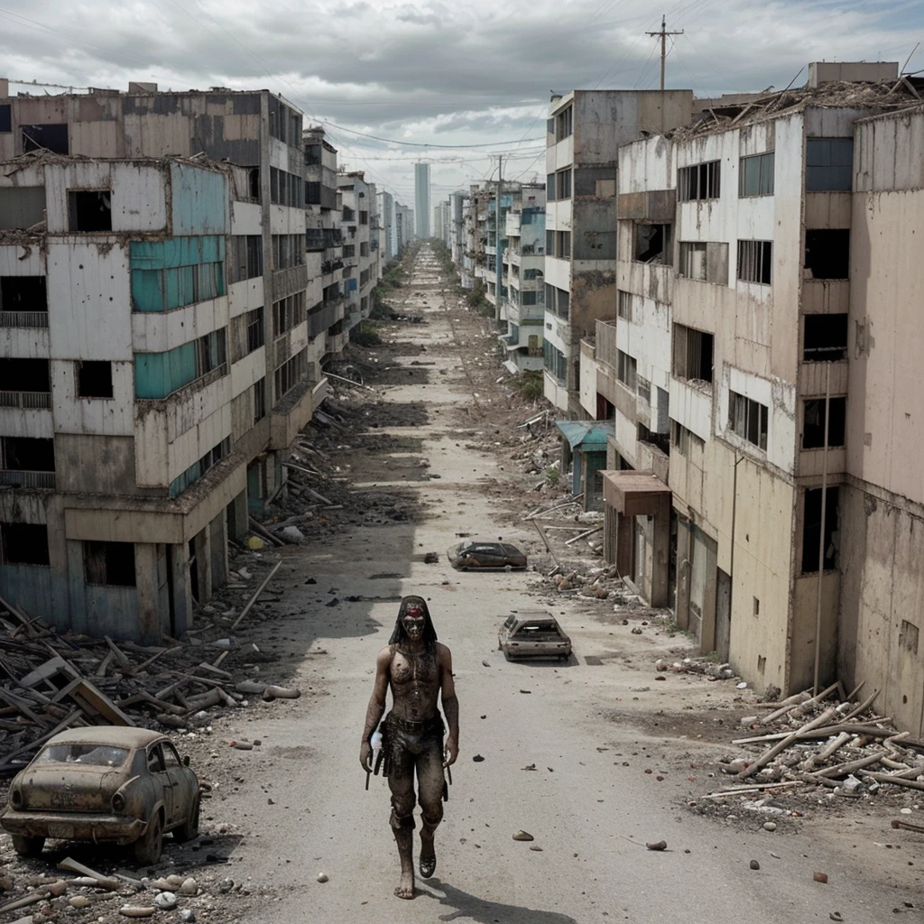 Cidade abandonada, apocalyptic scenario, diversos zumbis assustadores andando nas ruas 
