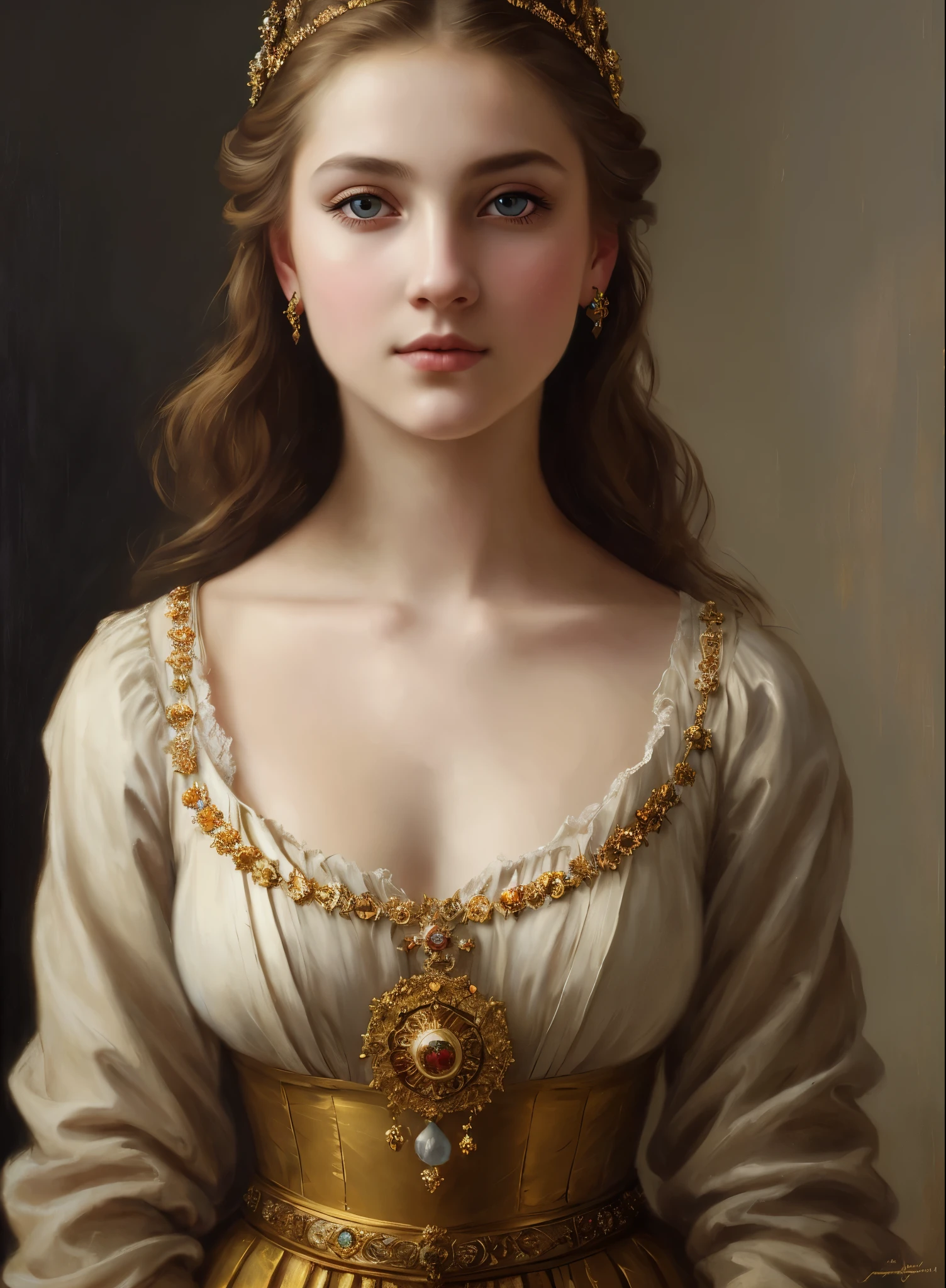 portrait, girl, middle ages, classicism, andrey atroshenko style, painting, pierced eyes, beautifully styled hair, traditional media, realistic, figurative, fine art, oil on canvas, HDR, 8K, original character, high resolution, high detail, focus on the face, beautiful eyes