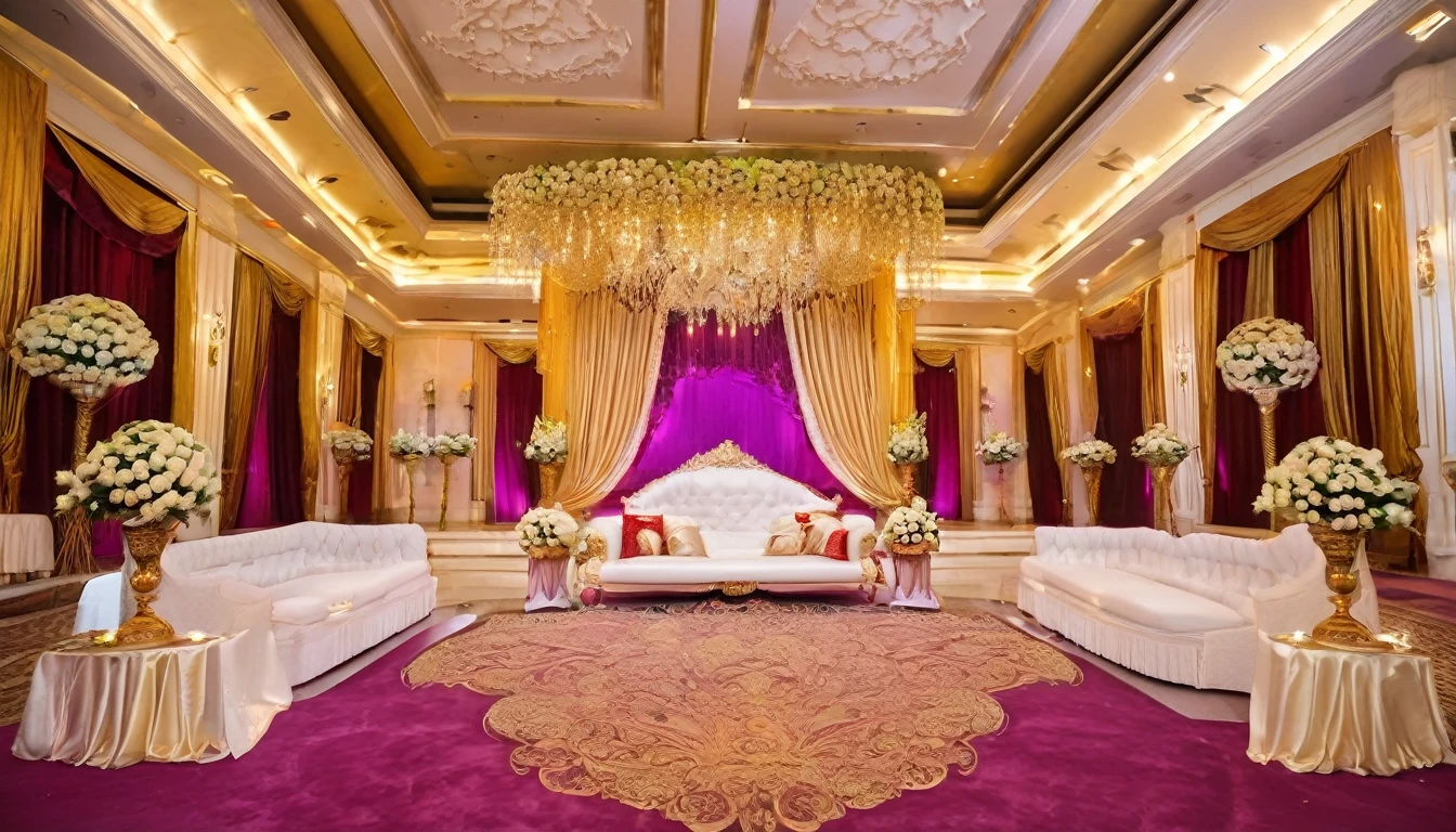 grand wedding hall in "white color" with "gold border" large spaces on right and left side for guests and long welcoming "red carpet" expensive sofa sets for guest on both sides right and left in "gold colors" expensive luxurious chandeliers on all over roof, luxurious "candle stand" lighten up the entrance "luxurious stage" " expensive sofa set on stage in white fabric and golden wooden border "shining" lots of flowers on stage in "purple , pink, yellow, colors, piece of art, large size image, stage should "far far" from entrance welcome carpet in white color and sofa's also in white