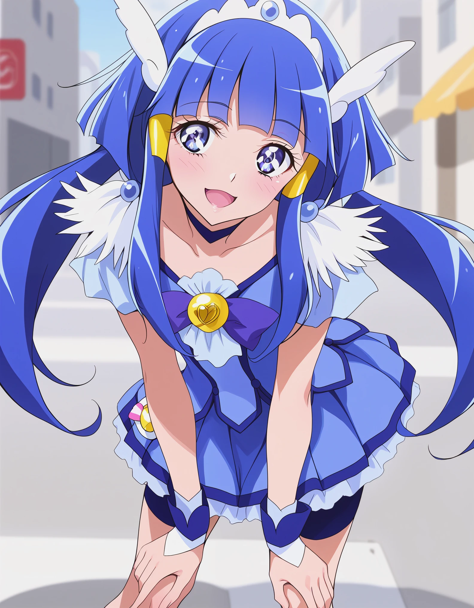 score_9, score_7_up, masterpiece, best quality, source_anime, perfect face, beautiful detailed eyes, anime screencap, BREAK AR-CB, 1girl, blue eyes, long hair, hair tube, sidelocks, blue hair, blunt bangs, hair ornament, head wings, tiara, blue choker, blue bow, blue shorts, blue skirt, bike shorts, shorts under skirt, blue wrist cuffs, knee BREAK flat chest, smile, blush, open mouth, standing, legs apart, leaning forward, kawaii pose, head tilt, BREAK outdoor, city, street, building, cowboy shot,
