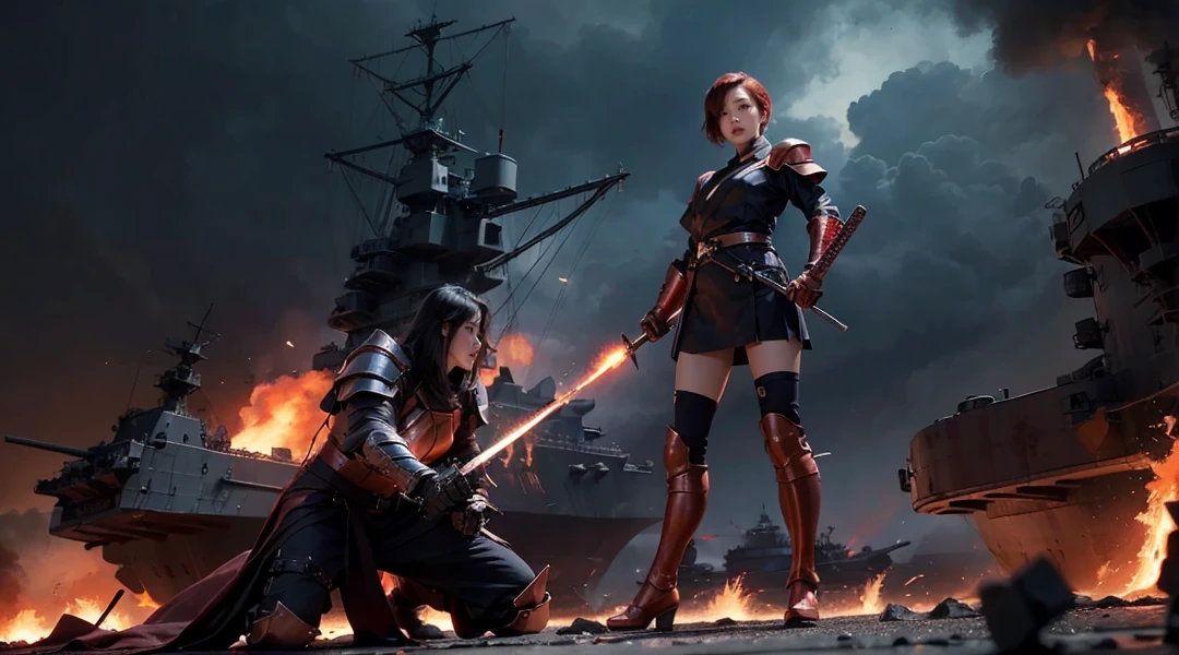 photo surreal,Create a dynamic and intense scene featuring a full body Korea women copper short hair, make shh gesture ,in red dirty regular armor holding broken katana, on anti-aircraft gun of red old Battleship Yamato made of fire, with an atmosphere that exudes power and mystery;