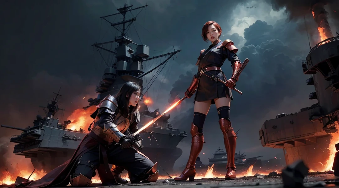 photo surreal,Create a dynamic and intense scene featuring a full body Korea women copper short hair, make shh gesture  ,in red dirty regular armor holding broken katana, on anti-aircraft gun of red old Battleship Yamato made of fire, with an atmosphere that exudes power and mystery;