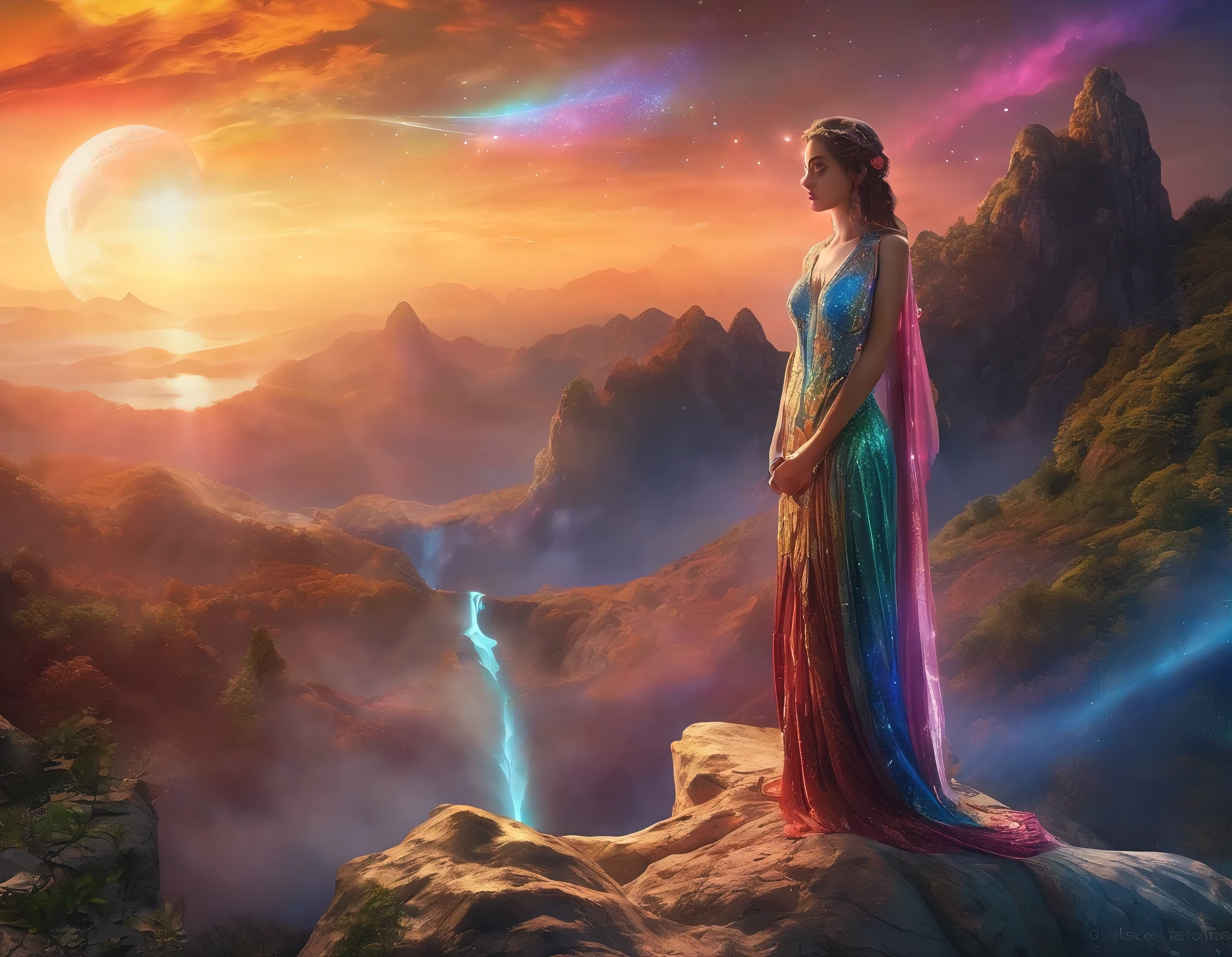 1 girl, (3d sculpture,A woman in a long dress stands on a rock and looks at the stars., cosmic goddess, Goddess of the Galaxy, goddess in heaven, Astral ethereal, Dreamy, beautiful celestial mage, beautiful painting in fantasy style, beautiful fantasy art, Ethereal fantasy, very beautiful fantasy art, digital art fantasy, Enchanting and otherworldly, Fantasy beauty, Beautiful Art Ultra HD 4K, submitted by Octane,Volumetric light,natural soft light,), (Super Exquisite:1.2, Loss of focus:1.2, very colorful, Cinema lighting, chiaroscuro,ray tracing), masterpiece, super rich,Super detailed,8K, 3dyanshan\(style\)