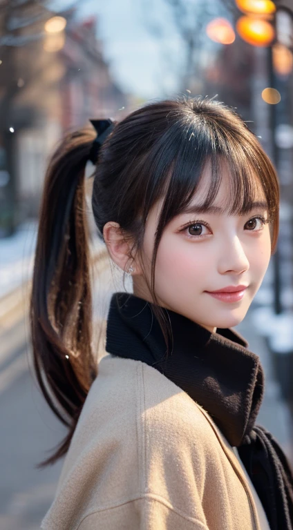 blushed,Long hair ponytail,big ribbon in her hair,(8k, RAW Photos, highest quality, Tabletop:1.2), (Realistic, Photorealistic:1.4), (Highly detailed 8K wallpapers), Sharp focus, Depth of written boundary, Cinema Lighting, Soft Light, Detailed beauty eyes,Shiny and smooth light brown ponytail, Asymmetrical bangs, Shiny skin, Highly detailed skin ,High resolution, Attention to detail, detailed hairstyle, Detailed beautiful face, Ultra-realistic, Perfect limbs, Perfect Anatomy ,1 Japanese girl,Famous Japanese Idols, Perfect female body,smile,short eyelashes,double eyelid,Look straight here,Hairstyle: Ponytail,Attach a ribbon, office,Long ponytail hairstyles,Wear a scrunchie,So that the whole body is reflected,wearing a long coat,Street,Stand up straight and pose,So that the whole body is reflected,Winters,warm clothes,look straight at me,Wear a scarf,It&#39;s snowing,Wear a black long-sleeved coat,Old townscape of Europe,Cobblestone Street,A European church can be seen in the background.，Face close-up