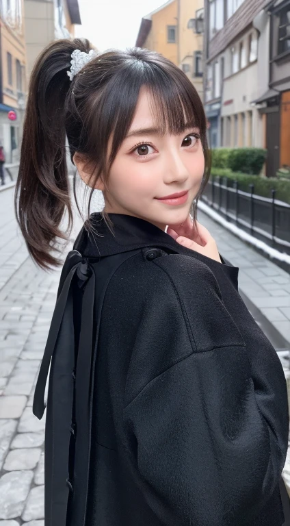 blushed,Long hair ponytail,big ribbon in her hair,(8k, RAW Photos, highest quality, Tabletop:1.2), (Realistic, Photorealistic:1.4), (Highly detailed 8K wallpapers), Sharp focus, Depth of written boundary, Cinema Lighting, Soft Light, Detailed beauty eyes,Shiny and smooth light brown ponytail, Asymmetrical bangs, Shiny skin, Highly detailed skin ,High resolution, Attention to detail, detailed hairstyle, Detailed beautiful face, Ultra-realistic, Perfect limbs, Perfect Anatomy ,1 Japanese girl,Famous Japanese Idols, Perfect female body,smile,short eyelashes,double eyelid,Look straight here,Hairstyle: Ponytail,Attach a ribbon, office,Long ponytail hairstyles,Wear a scrunchie,So that the whole body is reflected,wearing a long coat,Street,Stand up straight and pose,So that the whole body is reflected,Winters,warm clothes,look straight at me,Wear a scarf,It's snowing,Wear a black long-sleeved coat,Old townscape of Europe,Cobblestone Street,A European church can be seen in the background.,Face close-up