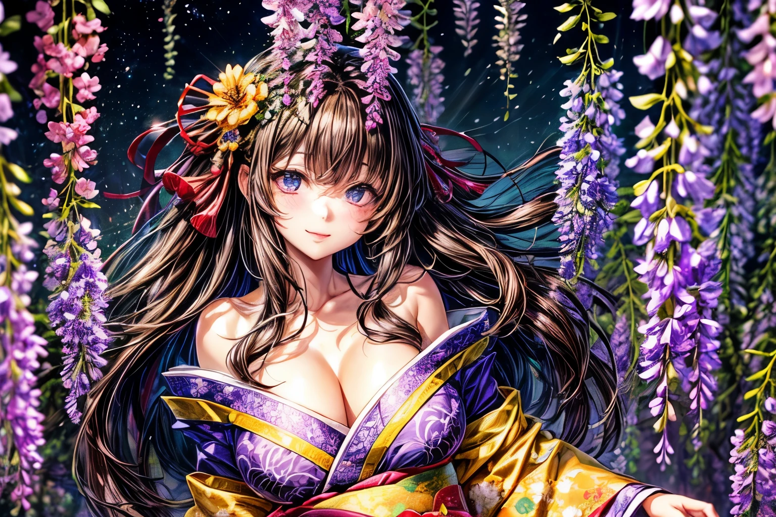 ((worst quality, low-quality)), ((a closeup)), (girl with:1.2), (Big breasts), (A dark-haired, short-cut:1.3), (Dynamic Pose:1.2),plump shiny lips, Beautiful clear eyes, (The best smile), Spoken Heart, (perfect hand:1.2), (purple theme:1.4), (Japanese courtesan girl with:1.3), (Comes with maxi length mauve kimono [yellow] Obi:1.4), (Precise wisteria flower embroidery and fancy patterns: 1.3), (off shoulders:1.4), (geta:1.2), (fancy wisteria flower hair ornament:1.3), ((super huge ribbon:1.2) in front of the waist:1.3), low angle shot, (Bewitching light, rays of moonlight:1.4), (Background of the wisteria trellis:1.2), masutepiece,Best Quality,ultra-detailliert, ​masterpiece,
