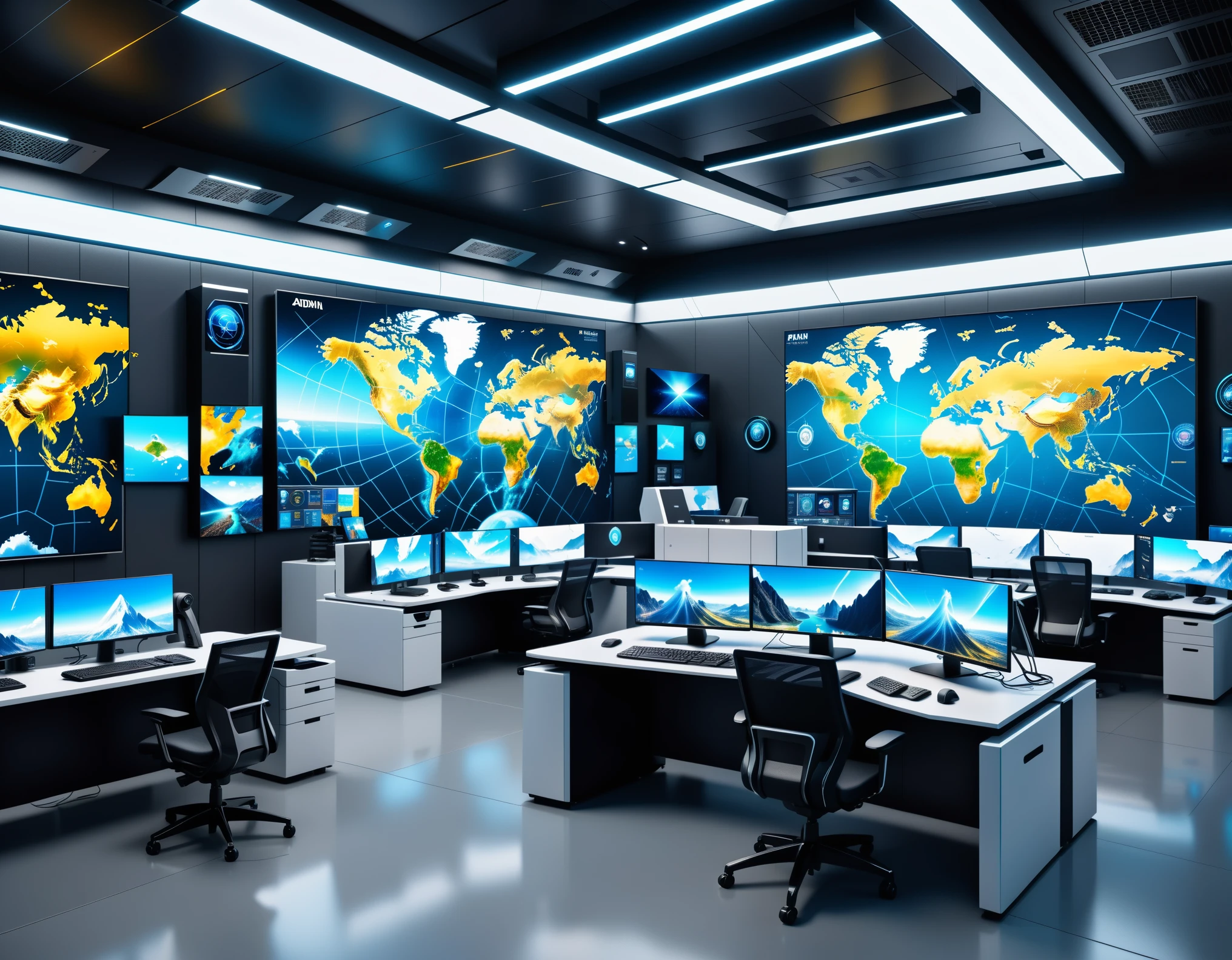 ((landscape)), dramatic angle, operation center, world map screen, communication through holograms, local reagion times, footages on many screens, many futuristic PCs, advanced technology, near future, cyber punk, beautiful scene, 32k, ((photorealism, hyperrealism, three-dimensional rendering)), ((masterpiece, best quality, ultra-detailed, an extremely delicate and beautiful)), ((extremely detailed CG unity 8k wallpaper)), ((award winning, ccurate, UHD, textured skin, chromatic aberration, perfect anatomy, golden ratio)), (concept art), (exquisite attention to detail), ((perfect_composition, perfect_design, perfect_layout, perfect_detail, ultra_detailed)), ((aesthetic harmony))