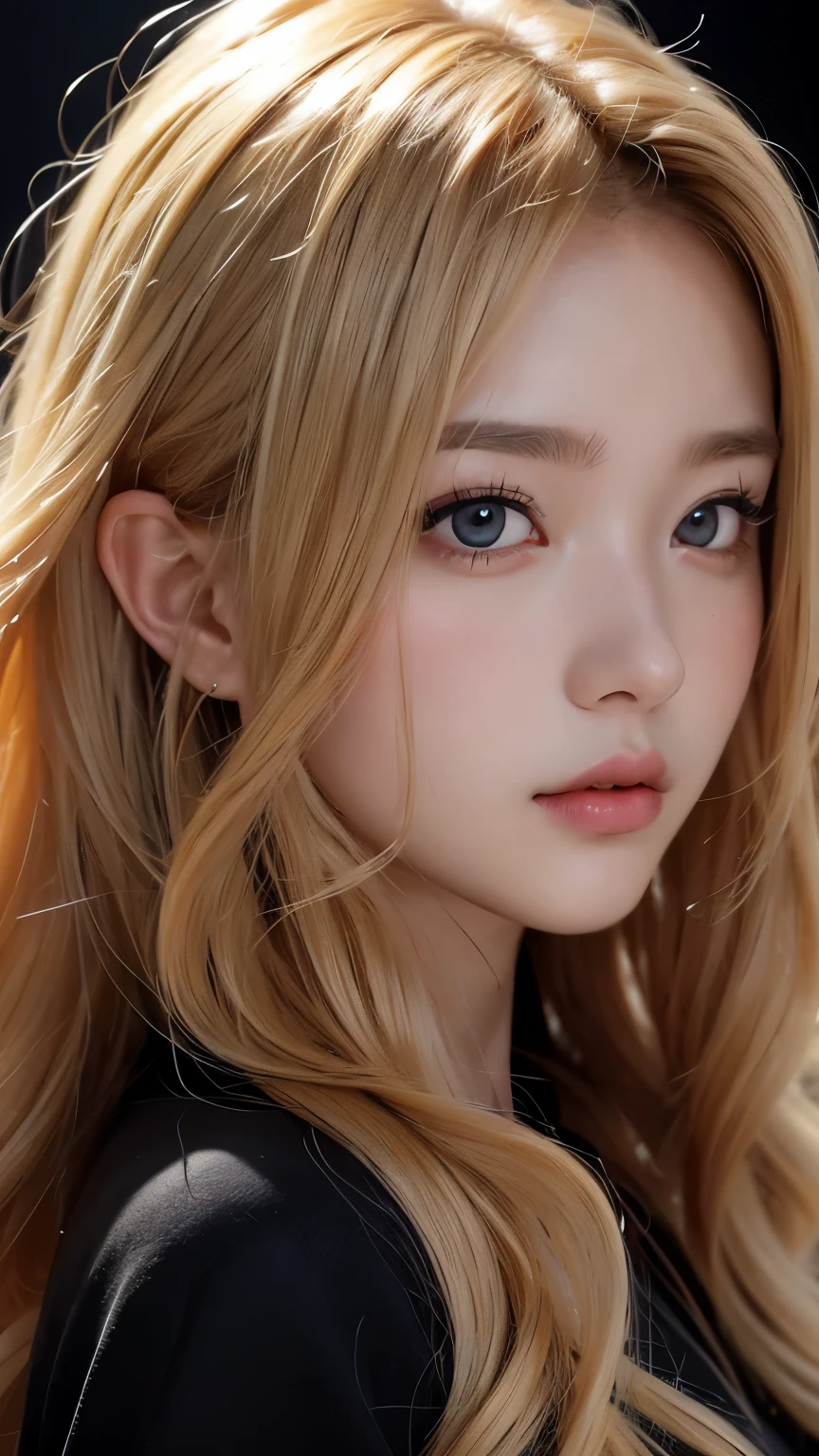 Anime, Face, Curly blonde hair, Black eyes, Long hair, Black background, facial close-up、​masterpiece、top-quality、ultra-definition、hight resolution