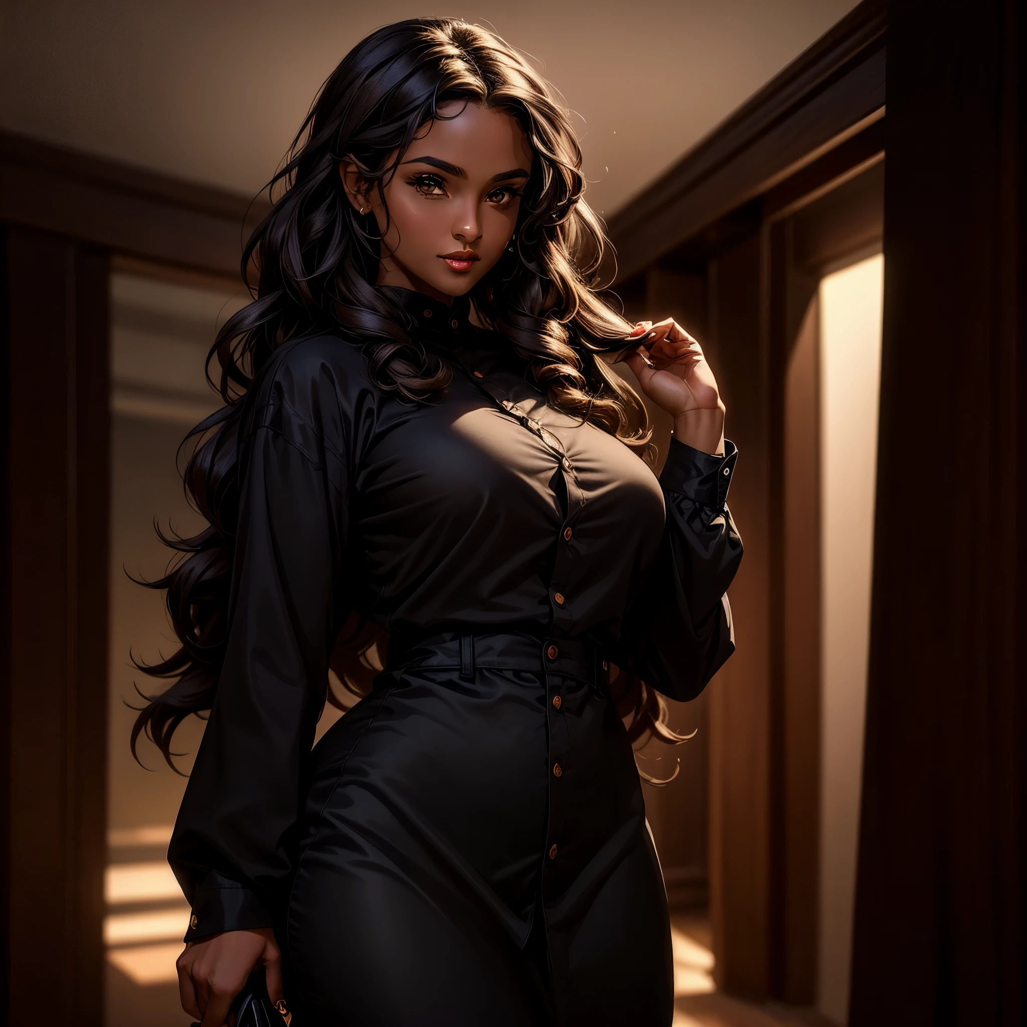 (best quality, masterpiece:1.2), Sketch full view of a hot looking dark brown skin 29 year old woman standing in front of us. She has brown eyes and long curly white hair. She has vampire fangs. She has a nice curve physique. She is wearing a solid slim button long sleeve shirt dress. Shadow background. Sketch. Shading. Lighting.