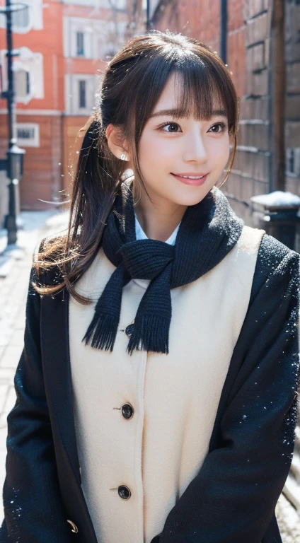 blushed,Long hair ponytail,big ribbon in her hair,(8k, RAW Photos, highest quality, Tabletop:1.2), (Realistic, Photorealistic:1.4), (Highly detailed 8K wallpapers), Sharp focus, Depth of written boundary, Cinema Lighting, Soft Light, Detailed beauty eyes,Shiny and smooth light brown ponytail, Asymmetrical bangs, Shiny skin, Highly detailed skin ,High resolution, Attention to detail, detailed hairstyle, Detailed beautiful face, Ultra-realistic, Perfect limbs, Perfect Anatomy ,1 Japanese girl,Famous Japanese Idols, Perfect female body,smile,short eyelashes,double eyelid,Look straight here,Hairstyle: Ponytail,Attach a ribbon, office,Long ponytail hairstyles,Wear a scrunchie,So that the whole body is reflected,wearing a long coat,Street,Stand up straight and pose,So that the whole body is reflected,Winters,warm clothes,look straight at me,Wear a scarf,It's snowing,Wear a black long-sleeved coat,Old townscape of Europe,Cobblestone Street,A European church can be seen in the background.,Face close-up