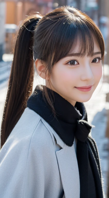 blushed,Long hair ponytail,big ribbon in her hair,(8k, RAW Photos, highest quality, Tabletop:1.2), (Realistic, Photorealistic:1.4), (Highly detailed 8K wallpapers), Sharp focus, Depth of written boundary, Cinema Lighting, Soft Light, Detailed beauty eyes,Shiny and smooth light brown ponytail, Asymmetrical bangs, Shiny skin, Highly detailed skin ,High resolution, Attention to detail, detailed hairstyle, Detailed beautiful face, Ultra-realistic, Perfect limbs, Perfect Anatomy ,1 Japanese girl,Famous Japanese Idols, Perfect female body,smile,short eyelashes,double eyelid,Look straight here,Hairstyle: Ponytail,Attach a ribbon, office,Long ponytail hairstyles,Wear a scrunchie,So that the whole body is reflected,wearing a long coat,Street,Stand up straight and pose,So that the whole body is reflected,Winters,warm clothes,look straight at me,Wear a scarf,It&#39;s snowing,Wear a black long-sleeved coat,Old townscape of Europe,Cobblestone Street,A European church can be seen in the background.，Face close-up