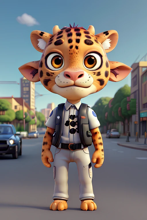 a lover,little cow with a jaguar face ,he is a  robot, with a big head, very beautiful, and he is a aintellectual property,friendly to  human,cartoon style,in the street, simple style,blender, 3d render, traffic policeman, police mascot jaguar, jaguar mascot, traffic vest