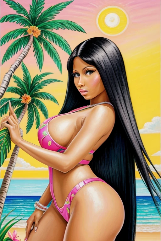 oil pastel painting in the style of Francine Van Hove, (Nicki Minaj) in a Hawaiian Luau outfit, long black straight hair, The background features a lush, tropical landscape with palm trees and a warm sun setting over the horizon, shapely woman, large tatas, summertime