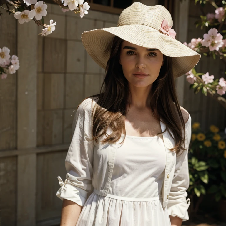 Brooke Shields dressed in spring clothes and hat