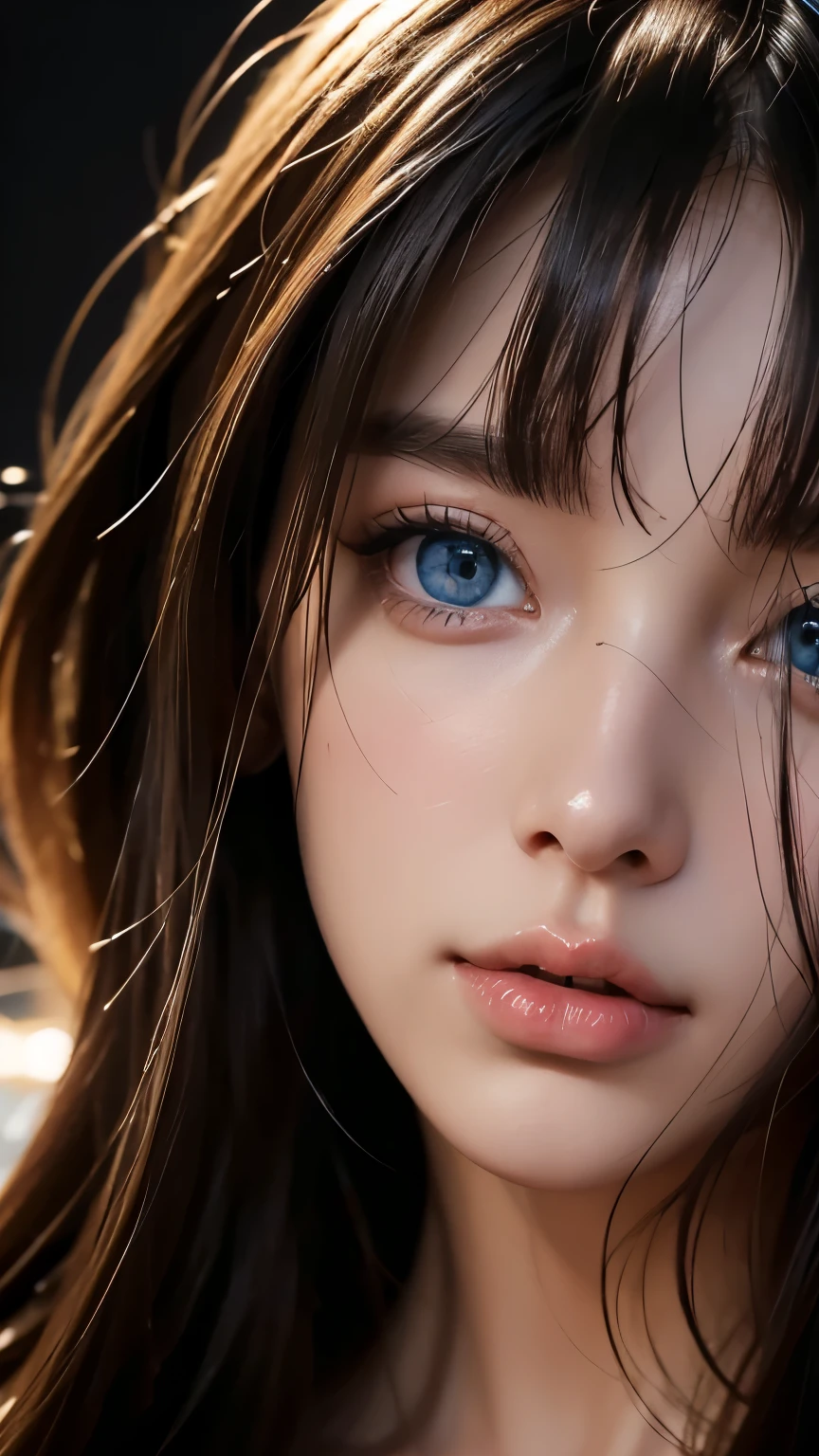 masterpiece, best quality, ultra-detailed, facing the camera head on, intricately detailed hyperdetailed, realistic, sharp features, highly detailed, sharp focus, perfect face, perfect face, perfect symmetrically perfect eyes, perfect full lips, flexible female form, cinematic, film light, hyper detailed, hyper realistic, masterpiece, atmospheric, high resolution, vibrant, dynamic studio lighting, nsfw, ((Dark background)), Sexy face, Facial expressions when receiving pleasure, straight Bangs, Big breasts, Exposed cleavage, blue Eyes,black sweater, cowboy shot,