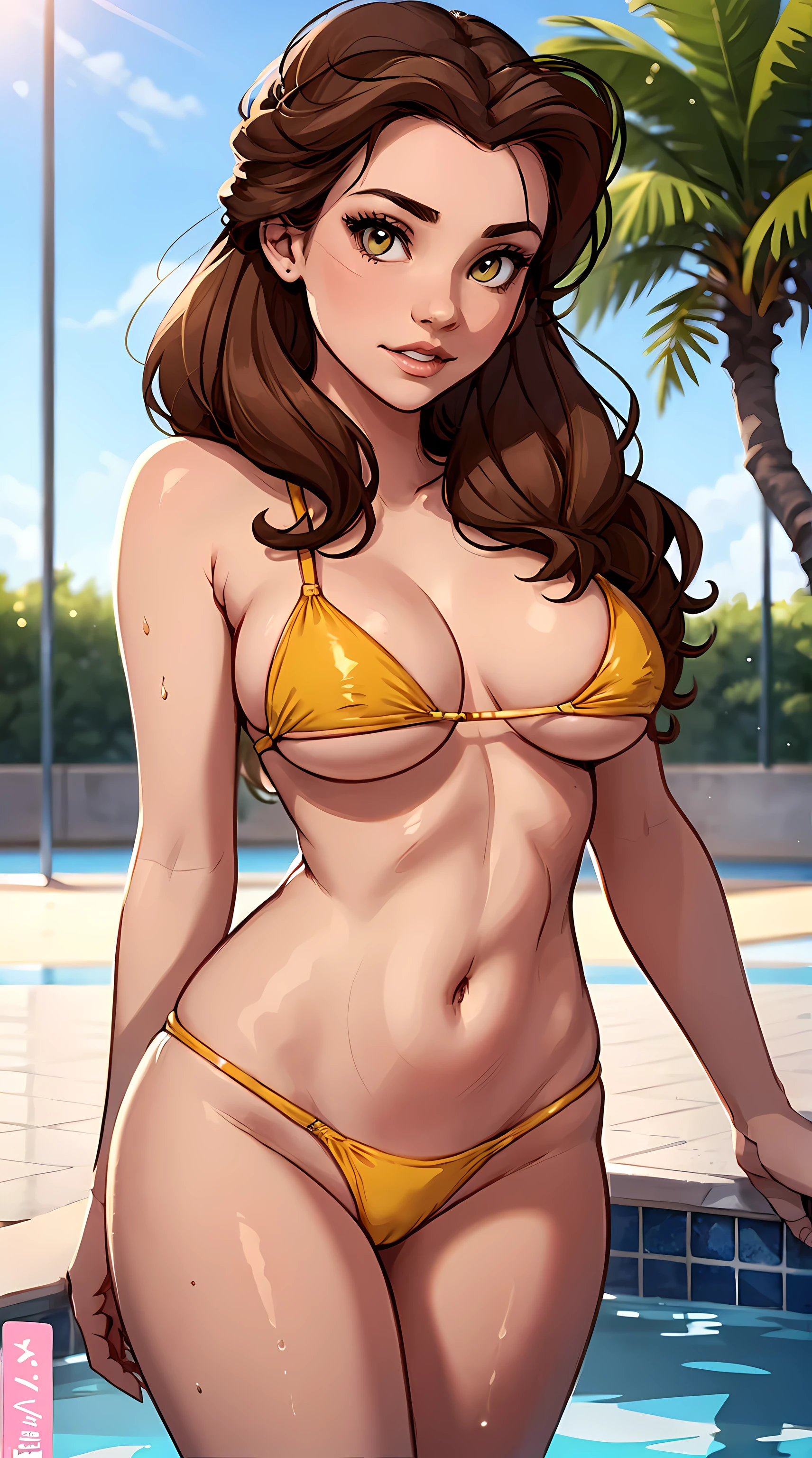 Beautiful brunette woman is shown to have a slender figure, she is wearing a nsfw bikini, brownish yellow eyes, soft pink lips, girl standing by the pool sexy session, sexy pose, exposed cleavage, cowboy shot, superior quality, many details, realistic