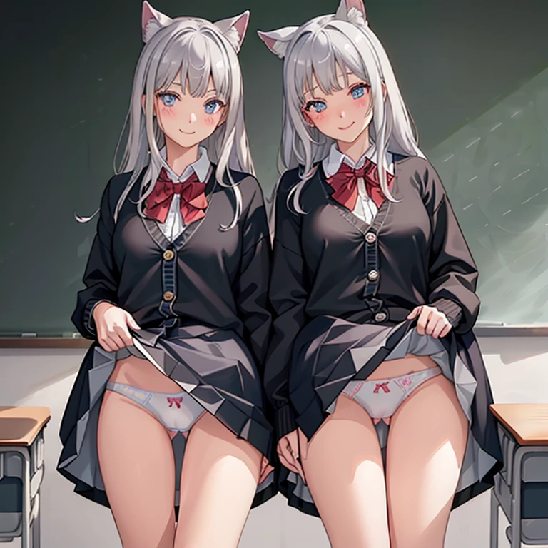 ((2 girls))、(smile:1.mall breawboy Shot)、(fun!!)、(cardigan)、(Silver Hair)、(blush:1.4)、Dog ears、()、(Eye highlights:1.3)、blake black shoes,(黒いskirt)、bow, button, shiith collar, Long sleeve, ((red bow tie, , Black jacket, Open jacket, 茶色のcardigan, white shirt, 黒のskirt, チェック柄のskirt、white socks)),, shirt,, skirt, socks, Thighs, white shirt, Rest indoors, ((classroom:1.5))、 BREAK while watching the audience、(skirtを掴む:1.0)、 (Perfect hands, Perfect Anatomy),Cowboy Shot、(skirt lift:1.3),(Highly detailed white panties:1.3)、(hetailed panties:1.3)、、(skirt tls up:1.3)-fledged panties:1.5)、Light blue eyes、long h