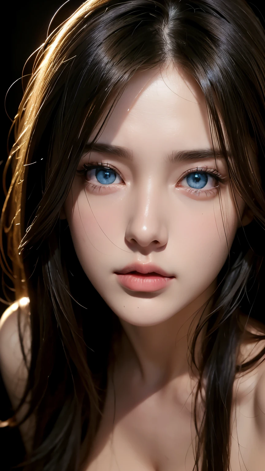masterpiece, best quality, ultra-detailed, facing the camera head on, intricately detailed hyperdetailed, realistic, sharp features, highly detailed, sharp focus, perfect face, perfect face, perfect symmetrically perfect eyes, perfect full lips, flexible female form, cinematic, film light, hyper detailed, hyper realistic, masterpiece, atmospheric, high resolution, vibrant, dynamic studio lighting, nsfw, ((Dark background)), Sexy face, Facial expressions when receiving pleasure, straight Bangs, Big breasts, Exposed cleavage, blue Eyes,black sweater, cowboy shot,