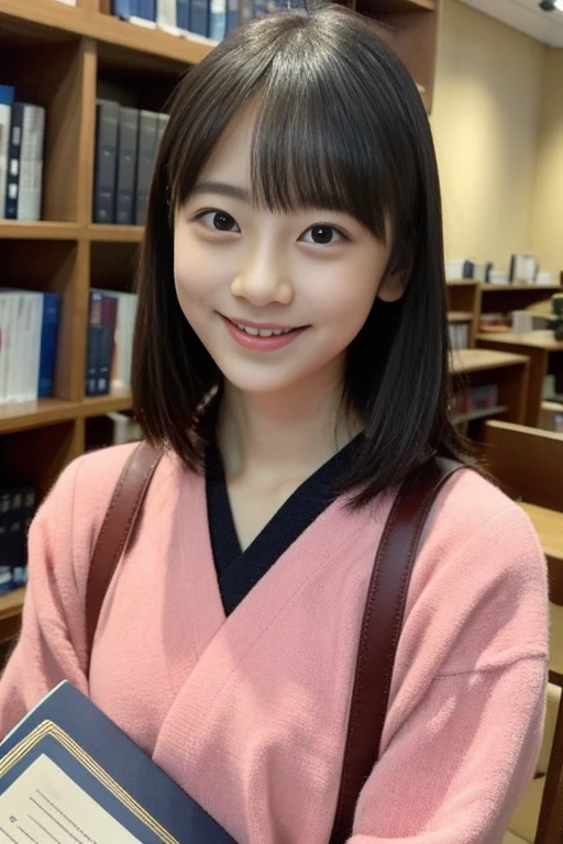 (8k、Raw photo、highest quality、masterpiece:1.2)、(Realistic、Photorealistic:1.37)、Ultra-detailed、超A high resolution、1 girl、Seeing the viewer、Beautifully detailed face、Laughter、narrow、(Narrow waist) :1.3)、beautiful detailed skin、Skin Texture、floating hair、Professional Lighting、Human whole body、Blonde、Japanese height 、Sailor suit、admission、shortcut、bob hair、E Cup、Smile、16 years old、Red ribbon、Baby Face、childish smile、Sappin'、moisturizing lips、light pink lips、at the library、lots of books