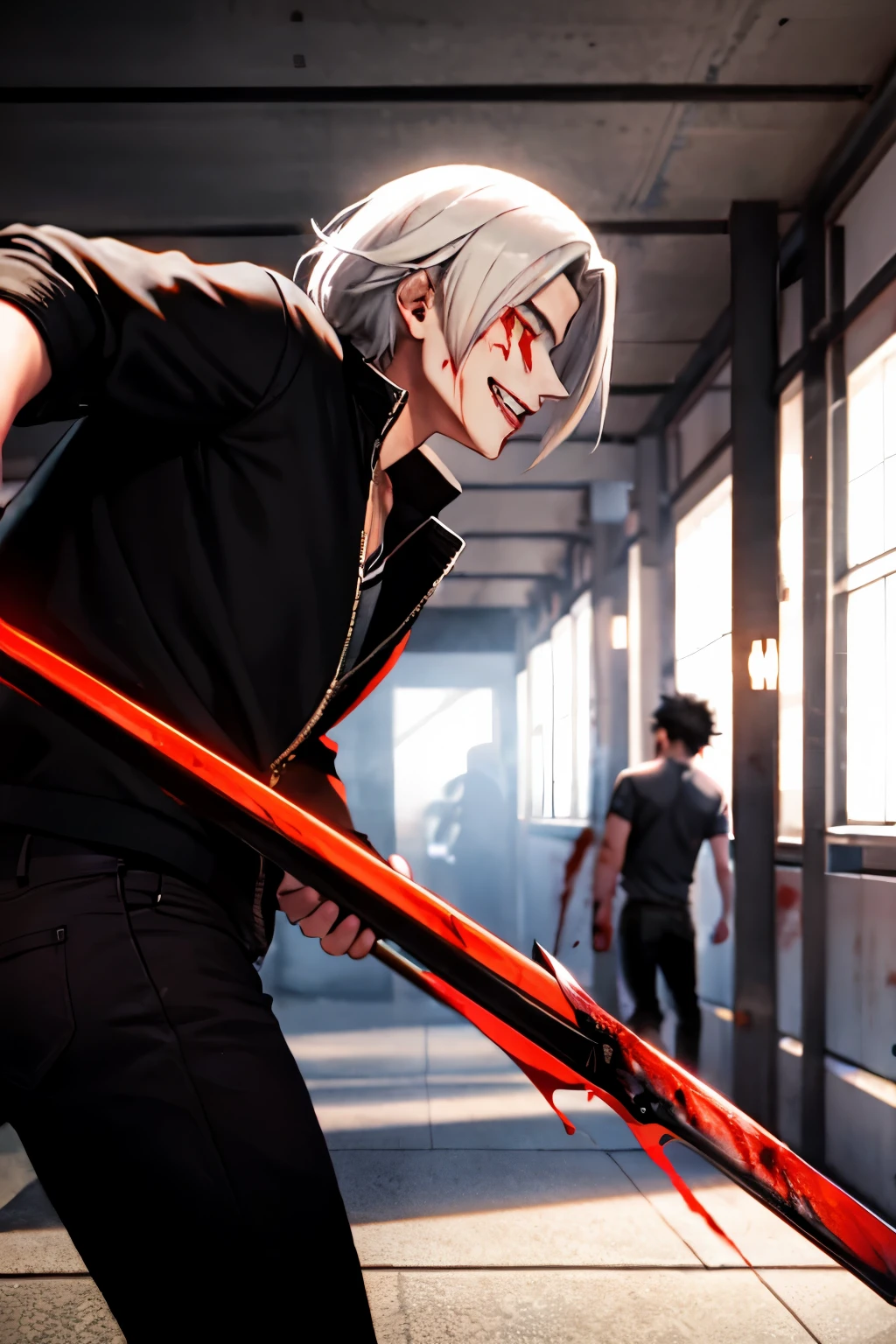 A man with white hair holding an axe in his hands chases after a guy with black hair, crazy smile, blood, violence, scary, white hair man very sexy, black hair guy very shy
