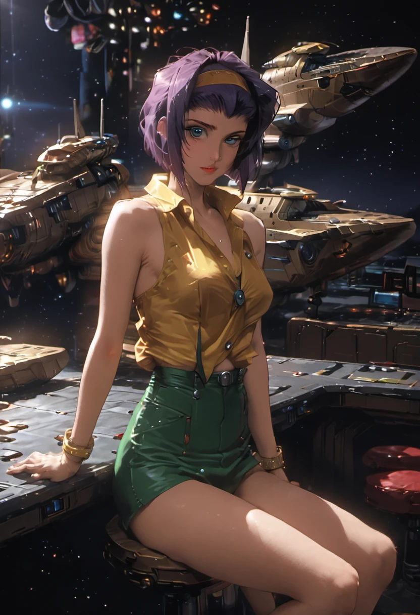 girl, Faye Valentine, Cowboy Bebop, bob cut, solo, green eyes, purple hair, hairband, cbbebop, cbbebop spaceship, 1980s (style), by Tsukasa Hojo, best quality, masterpiece, very aesthetic, perfect composition, intricate details, ultra-detailed