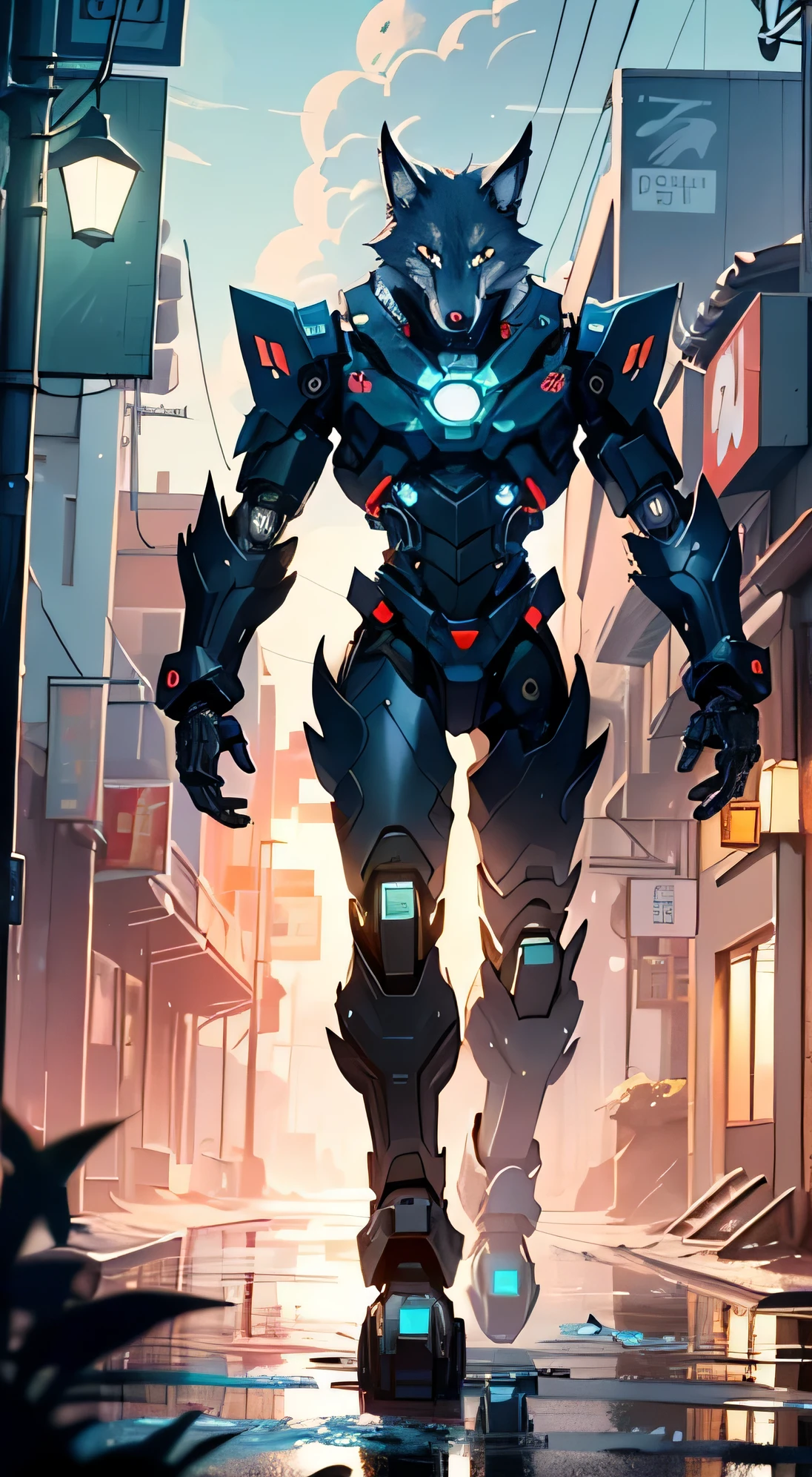 (((A mechanical wolf,cyborg wolf,cyborg-wolf,animal,wolf robot))),no human,black fur,detailed wolf,intricate mechanic wolf,robot animal,
epic, highly detailed full body of a gigantic feral mecha canine, sharp metal claws, cannon mounted on back, sleek armor, glowing visor, furry art, zoids art, furaffinity, sofurry,
(dynamic pose:1.0),solo focus,(centered,scale to fit dimensions,Rule of thirds),
cyberpunk city by the ocean at night, with bright neon signs and dark stormy clouds and puddles, scenery:1.25,
highres, sharp focus, (ultra detailed, extremely detailed), (photorealistic artwork:1.37),(extremely detailed CG unity 8k wallpaper),((synthwave background theme)),(((vibrant colors))),(intricate background),(masterpiece),(best quality),